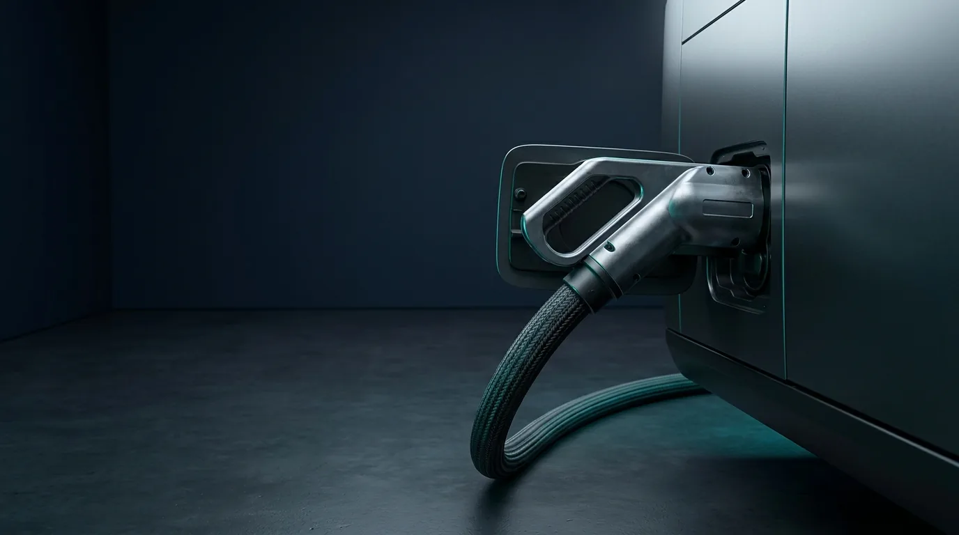 Conector de recarga rápida em corrente contínua encaixado, cabo grosso refrigerado e conector metálico em primeiro plano sobre fundo escuro com brilho teal